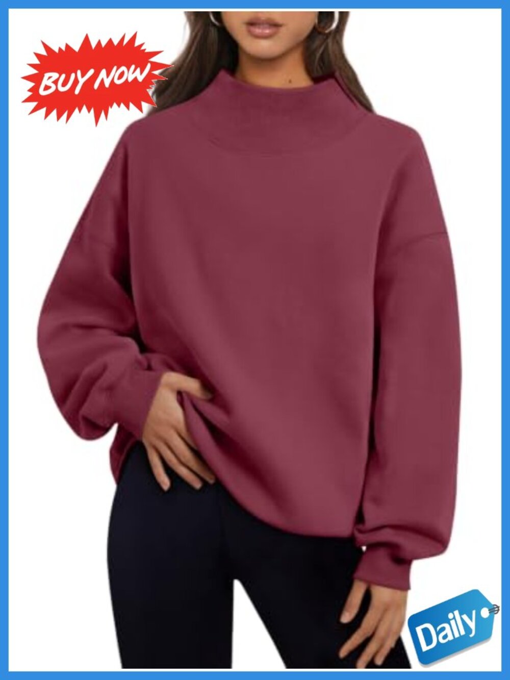 Mock Neck Oversized Pullover Sweatshirt Fleece Lined Drop Shoulder